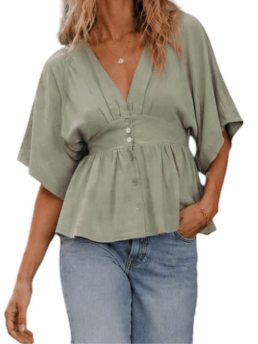 T169 - Cotton Linen All Year Boho Sleeve Feminine Elastic Waist Shell Button Top